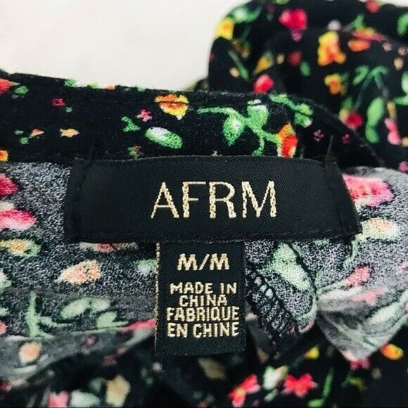 AFRM Top Garden Floral Blouse Puffed Drape Sleeve Black Viscose Zip, M - Picture 15 of 16